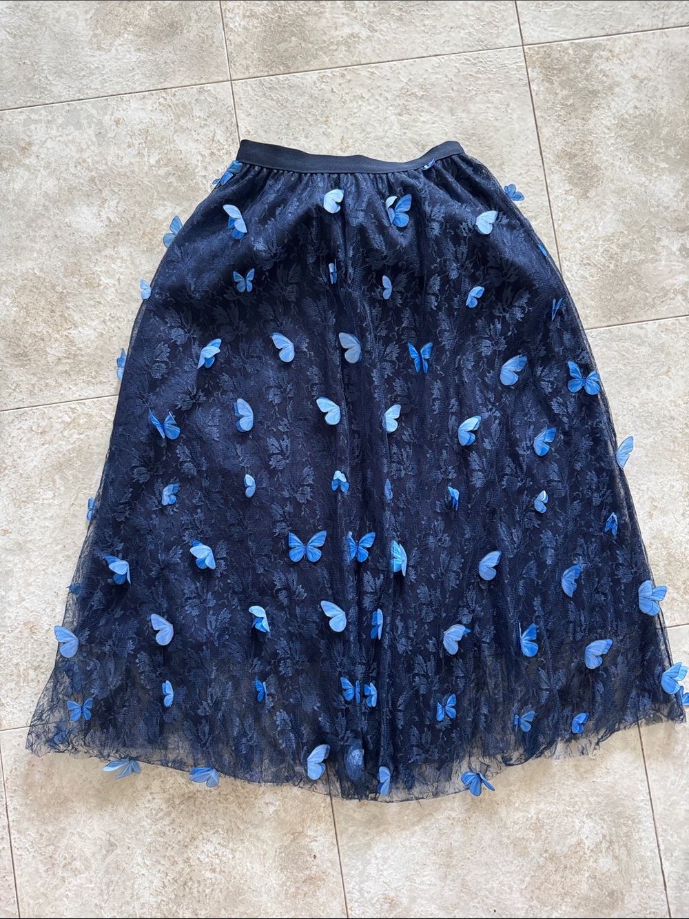 Navy Tulle Midi Skirt with Blue Butterfly Appliqués